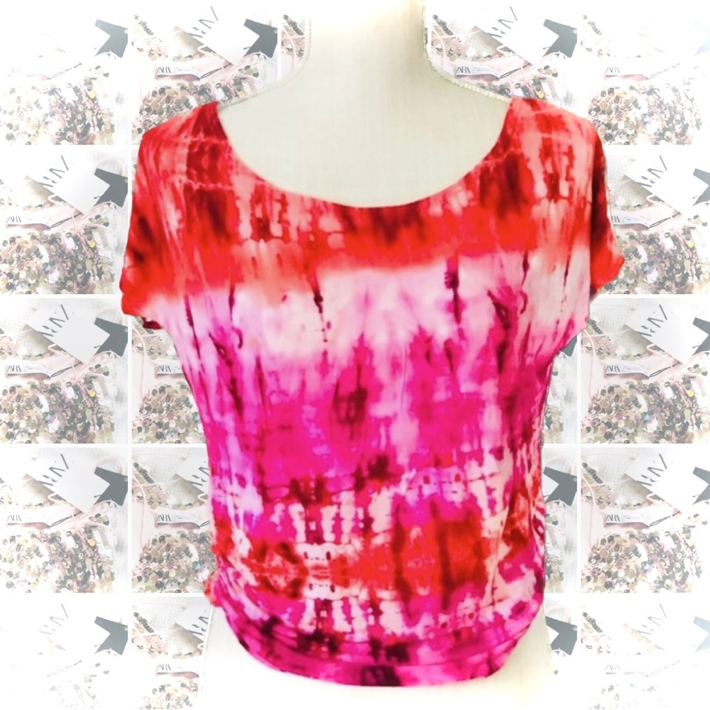 MADE | XS/S | For Me - - Red Pink Tie Dye Side Scrunch Short Sleeve Crop Top Tee